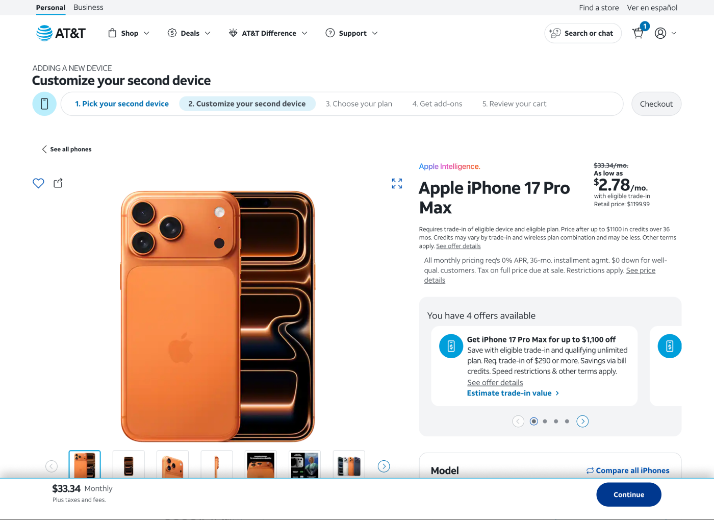 Step 2: customize the device, sticky showing a flat monthly estimate