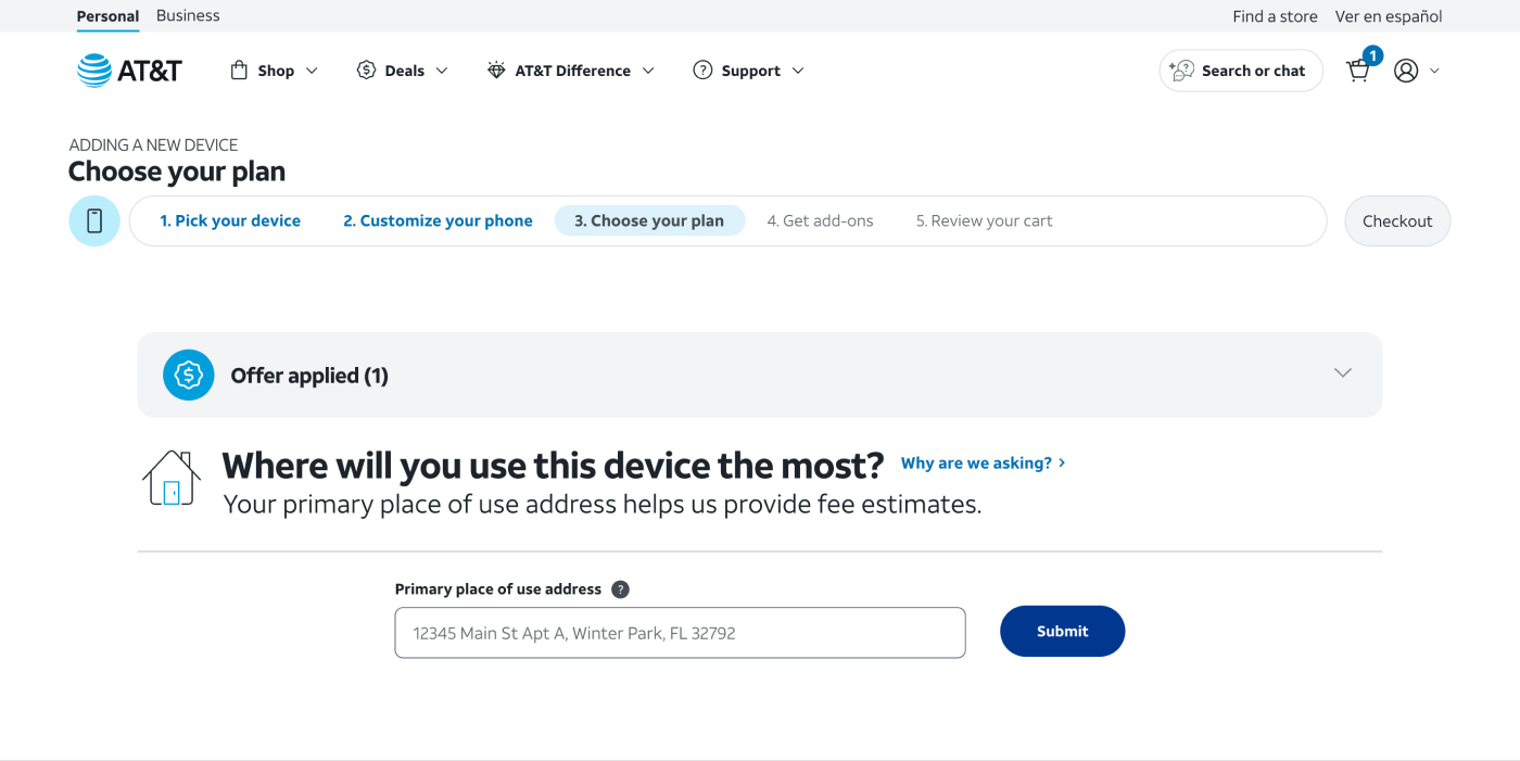 Step 3: an address, so plan pricing can be estimated for this device