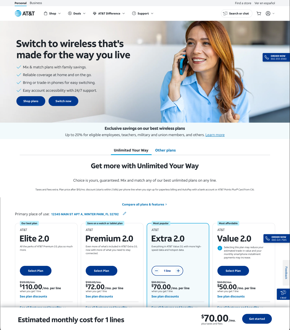 Wireless step 2: a plan selected, address attached, the sticky now showing an estimate