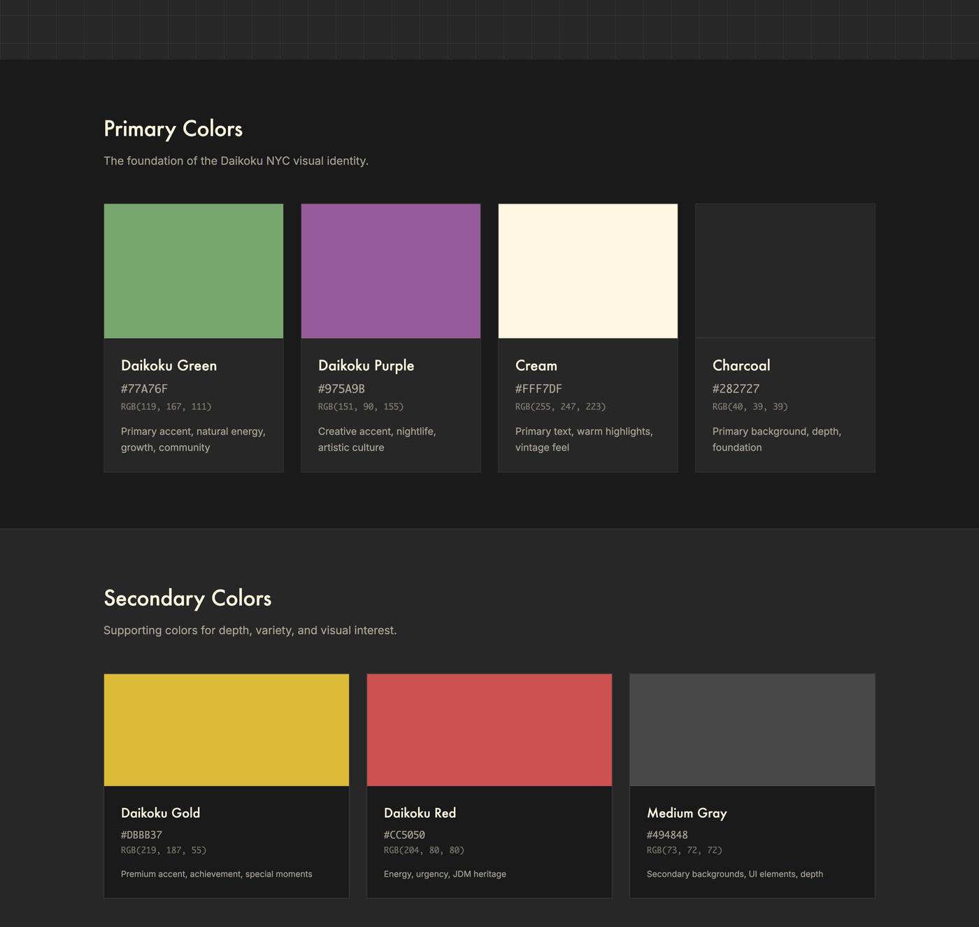 Dark first, and every color named by its job rather than its hex. "Green is the community color" is an instruction a non-designer can follow; "use green" is a guess