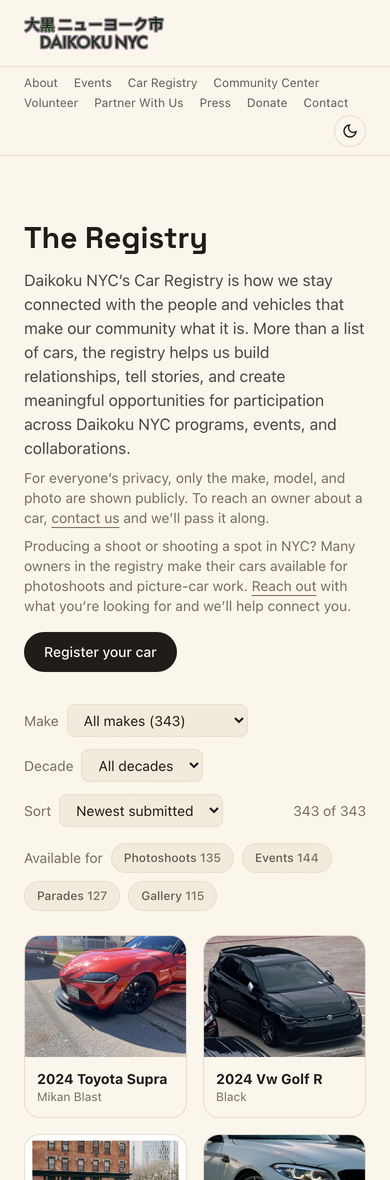 Most members arrive from Instagram, so the registry was built to work at phone width first.