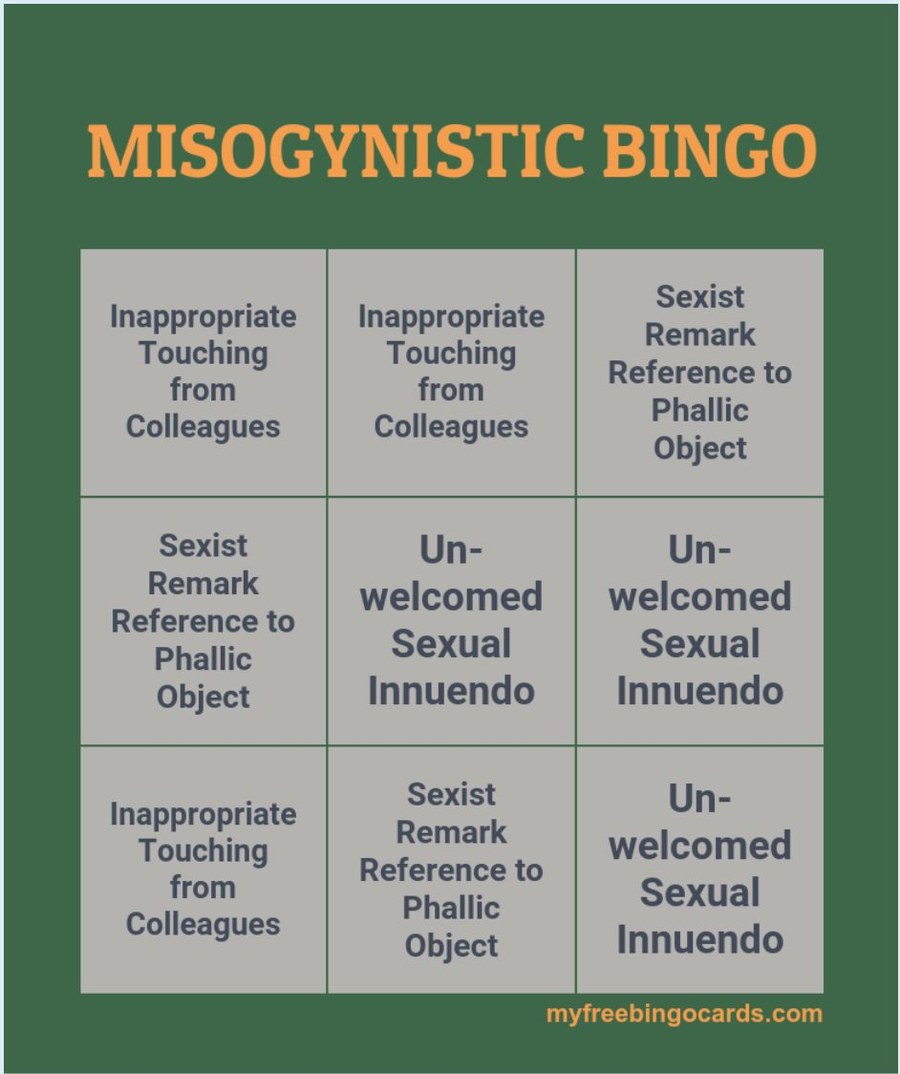 Misogynistic Bingo. Every square is a behavior from the film, played on the audience's own phones during the screening