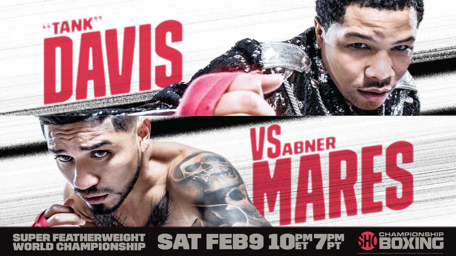 Gervonta Davis against Abner Mares, the same information in a diagonal split. Two fighters, one frame, neither of them subordinate