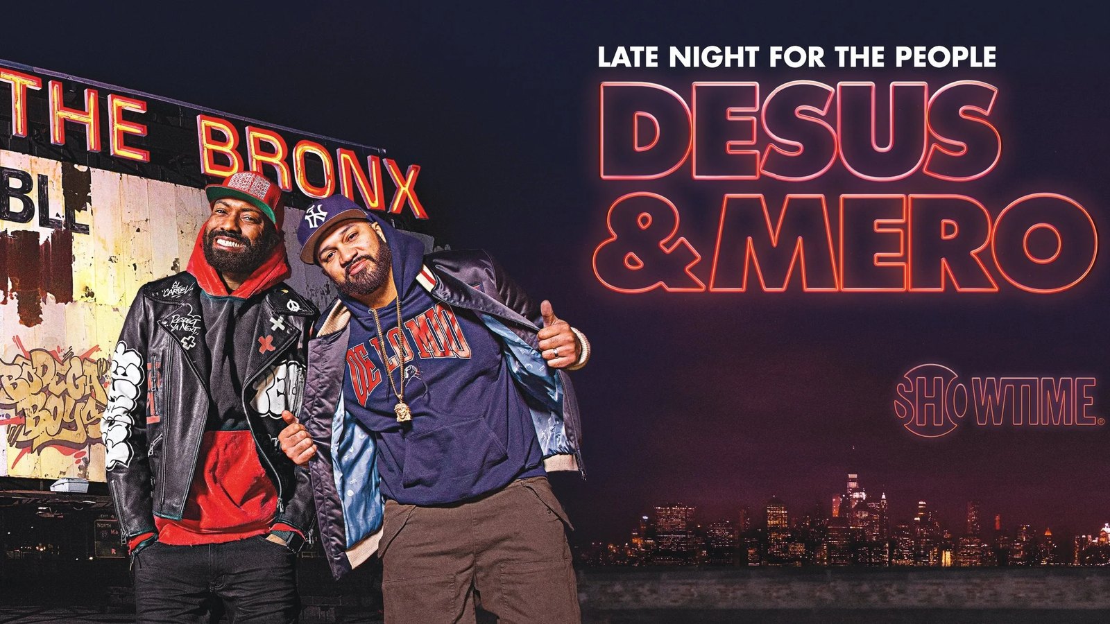 Desus & Mero. The logotype is drawn as neon outline, which suits a late night show and survives being rendered in a single color on anything