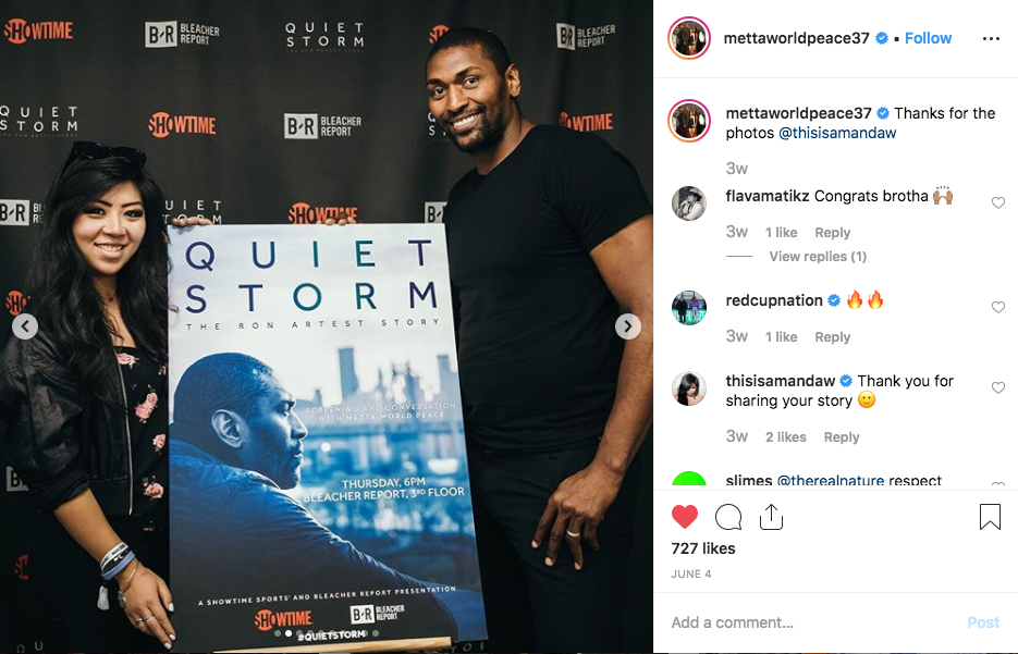 The art as the screening poster, with Metta World Peace, the subject of the documentary, standing next to it